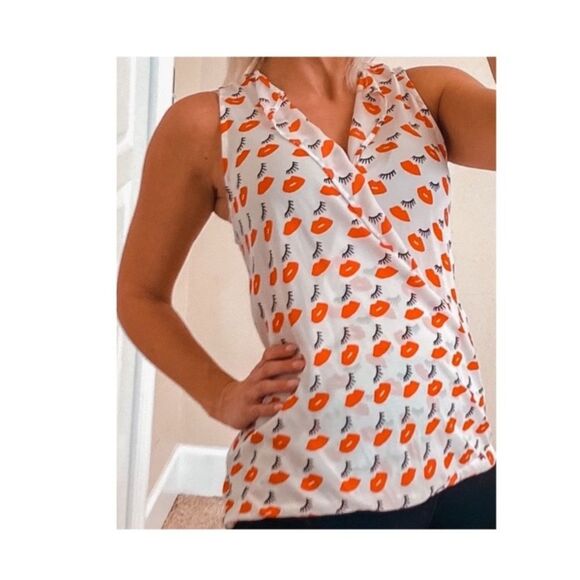 Ro & De Sheer Lipstick Eyelash Sleeveless Hi-Lo Top Blouse Sz L - Picture 5 of 5